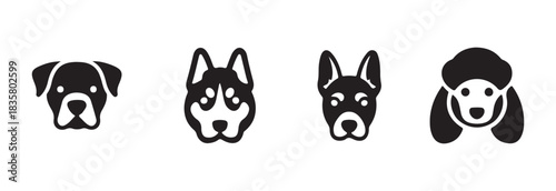 Collection of four distinct black and white dog breed vector icons on a clean white background