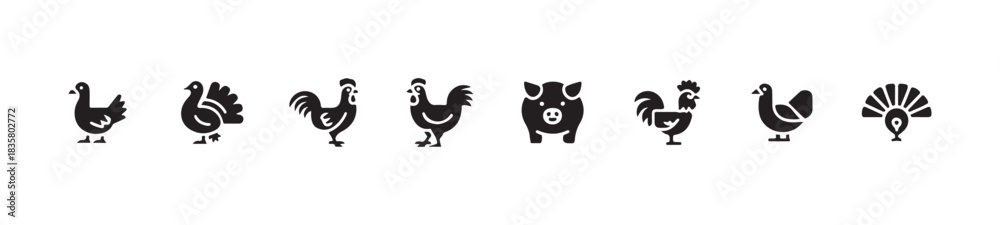 Fototapeta premium Collection of black and white vector icons representing various poultry and a pig in flat design