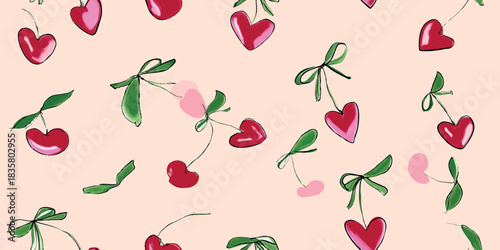 Playful modern seamless pattern with sketch-style heart cherries and bows on a light blush background for fun packaging and textiles.