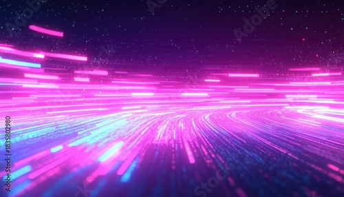 Curved pathway of vibrant neon pink and blue light streaks set against a dark starry background, evoking a sense of dynamic motion and futuristic energy