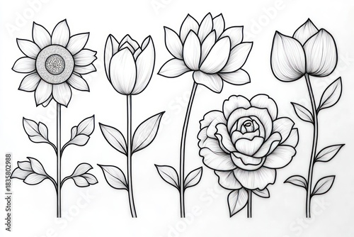 Detailed black and white line drawing of five different flowers with stems and leaves on a white background