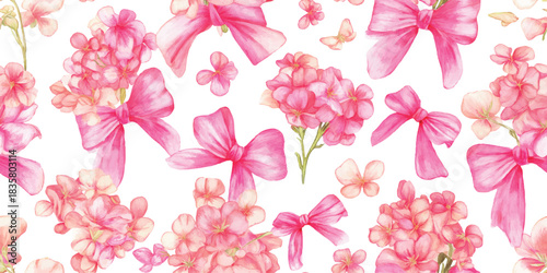Romantic seamless pattern of watercolor pink ribbon bows and lush hydrangea flower clusters for feminine fabrics and wedding stationery.