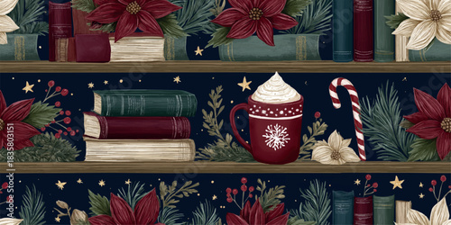 Cozy holiday seamless pattern of festive poinsettias, cocoa mugs, and books on a rustic wooden shelf for textiles and wrapping paper.