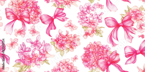 Romantic seamless pattern of watercolor pink ribbon bows and lush hydrangea flower clusters for feminine fabrics and wedding stationery.