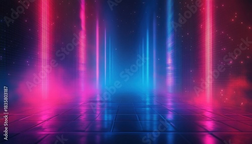 Futuristic corridor with glowing vertical light columns in blue and pink hues reflecting on glossy tiled floor with mist and star-like particles creating a surreal atmosphere
