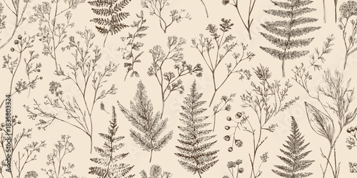 Vintage monochrome seamless pattern of delicate hand-drawn fern leaves and dried meadow plants for fabrics, stationery, and home decor.