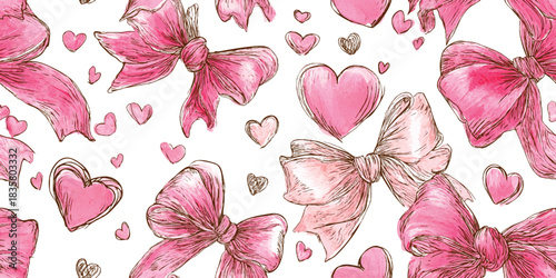 Watercolor and sketch seamless pattern of pink ribbon bows and hand-drawn hearts for feminine packaging, fabrics, and stationery.