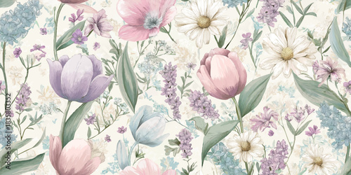 Elegant watercolor floral seamless pattern of tulips, daisies, and lavender in soft pastel tones for luxury textiles and wedding branding.