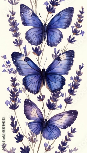 Three vibrant blue butterflies resting delicately on slender lavender branches with soft purple flowers, creating a serene and natural scene