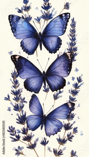 Three blue butterflies perched among tall lavender flowers creating a serene and delicate natural scene