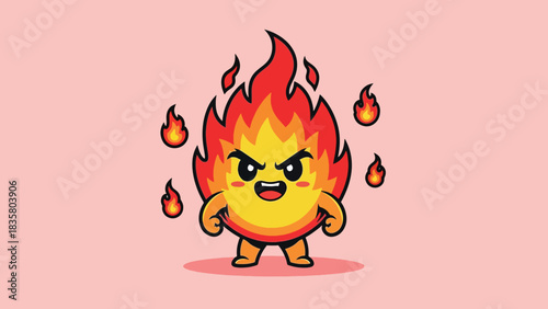 Angry Cartoon Fire Character Illustration with Surrounding Flames.