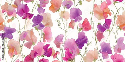 Elegant floral seamless pattern of vibrant sweet pea flowers in shades of pink, purple, and orange for luxury fabrics and wedding stationery.