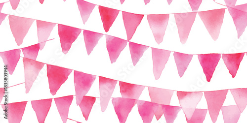 Watercolor seamless pattern of pink gradient party bunting and triangular flags on a white background for celebrations and packaging.