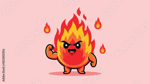 Angry cartoon fire character with muscular arms and burning flames.