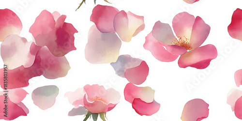 Soft watercolor floral seamless pattern of pink rose petals and blossoms on a white background for feminine fabrics and wedding design.