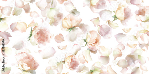 Watercolor seamless pattern with delicate cream and apricot roses and falling petals for luxury fabrics, wedding stationery, and branding.