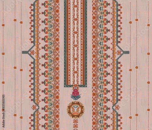 Ornate Floral Textile Design – Symmetrical Red & Orange Motifs on Pink Background