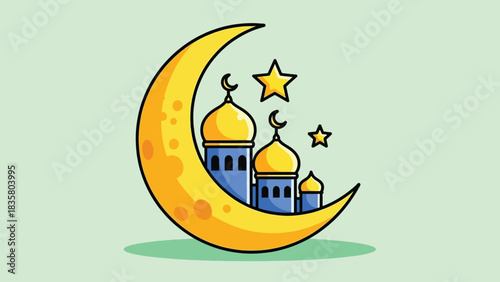 Cartoon crescent moon with mosques and stars Islamic celebration illustration.