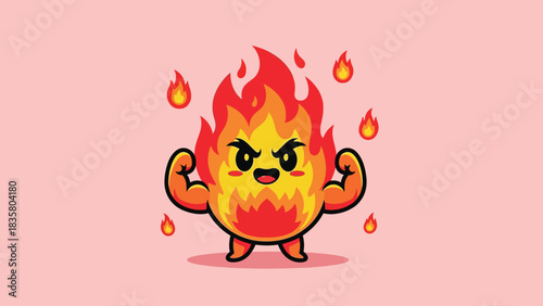Cute Angry Fire Cartoon Character Flexing Muscles.