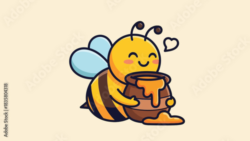 Cute Cartoon Bee Happily Holding a Pot of Golden Honey.
