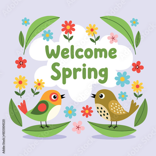 Cute cartoon birds and colorful flowers welcome spring illustration.