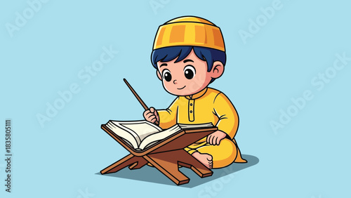 Cute cartoon Muslim boy reading holy book on wooden rehal.