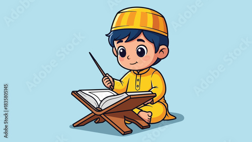 Cute cartoon Muslim boy studying Quran on wooden rehal with pointer stick.