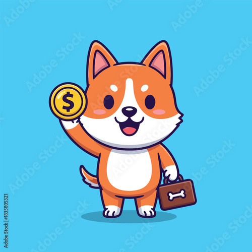 Cute Cartoon Shiba Inu Dog Holding Dollar Coin and Briefcase.