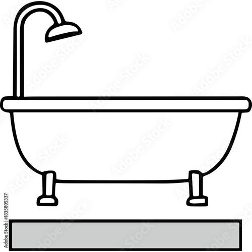 White Bathtub with Shower Head on Grey Surface Clean Simple Line Art Illustration Isolated on Black Background for Home Hygiene and Relaxation