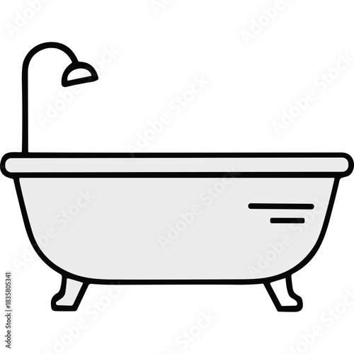 White Bathtub with Shower Head Isolated on Black Background Minimalist Illustration Representing Bathroom Appliance and Hygiene
