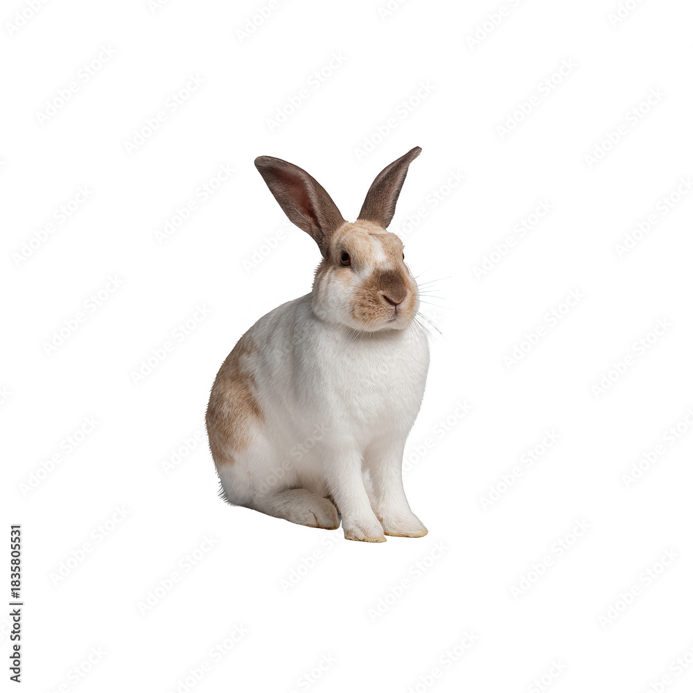 Fototapeta premium White and tan rabbit with upright ears sitting calmly on transparency background showing soft fur and attentive expression
