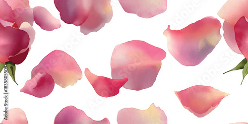 Soft watercolor seamless pattern of falling pink and magenta rose petals for feminine fabrics, wedding backgrounds, and luxury packaging.