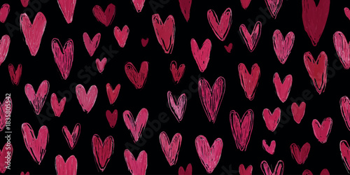 Abstract hand-drawn heart seamless pattern in textured red and magenta sketch lines on a dark black background for modern design and fabrics.