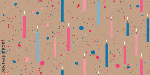 Playful seamless pattern of lit birthday candles and paint splatters on a neutral craft paper background for wrapping paper and stationery.