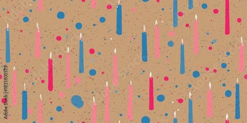 Playful seamless pattern of lit birthday candles and paint splatters on a neutral craft paper background for wrapping paper and stationery.