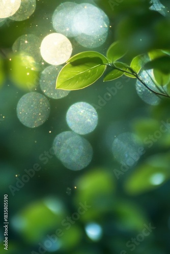 Close-up of green leaves illuminated by soft sunlight with sparkling light orbs creating a peaceful natural atmosphere