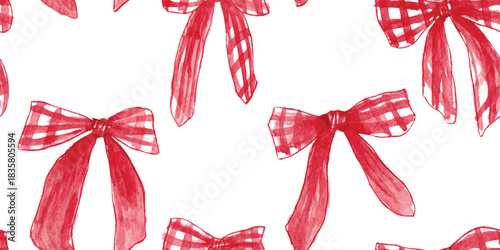 Watercolor seamless pattern of bold red plaid ribbon bows for holiday wrapping paper, Christmas design, and rustic fabrics.