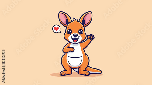 Cute happy cartoon kangaroo waving with a heart icon.