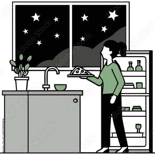 Woman Holding Pizza Slice Near Refrigerator At Night With Starry Window View In Kitchen