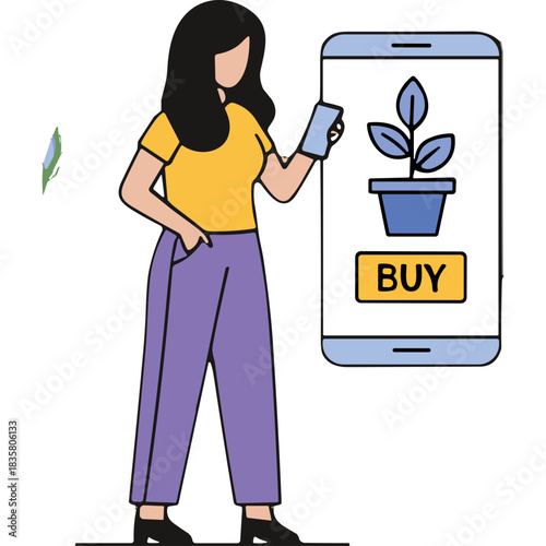 Woman Holding Smartphone Shows Plant Growing In Potted Plant On Screen With Buy Button Option Yellow Trousers Yellow Shirt