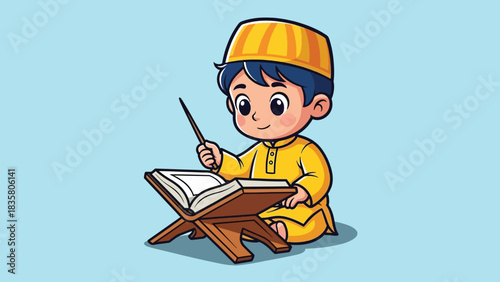 Smiling cartoon Muslim boy reading holy book on rehal with pointer stick.