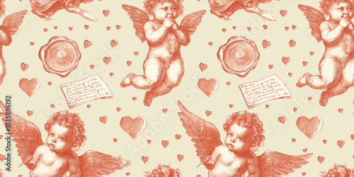 Vintage sepia seamless pattern of baroque cherubs, hearts, and script on a warm parchment background for wedding stationery and fabrics.