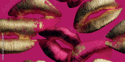 Luxury seamless pattern of red and gold glitter lipstick kiss marks on a vibrant magenta background for fashion, beauty, and packaging.