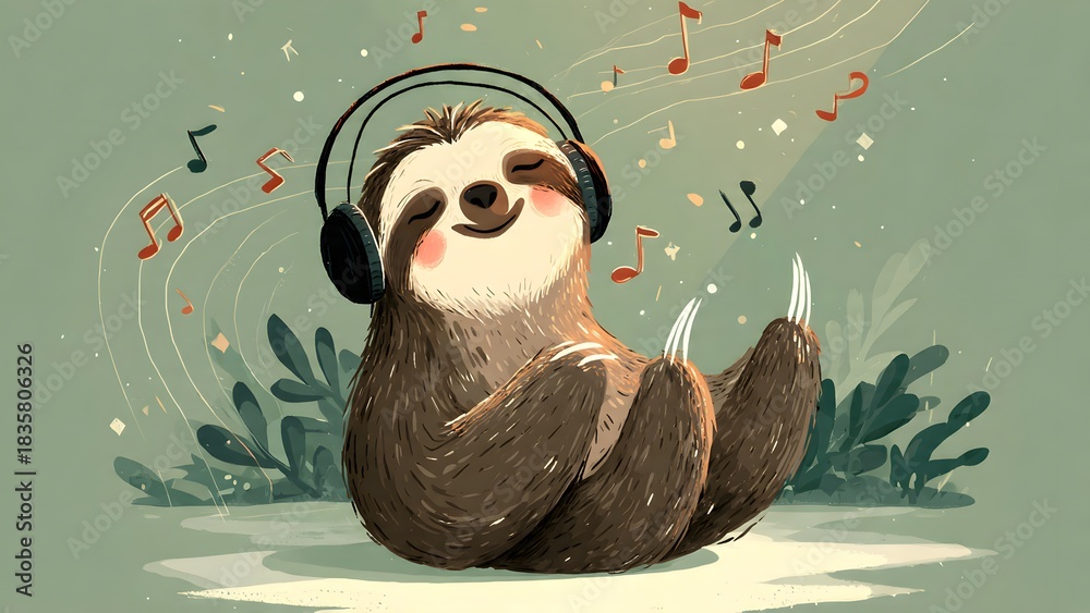 Fototapeta premium Funny cartoon kukang DJ with headphones vector illustration