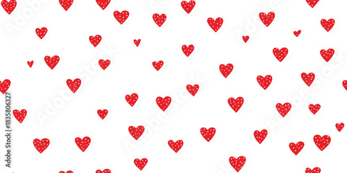 Cute seamless pattern of small, random red hearts with white polka dots on a clean white background for minimalist design and packaging.
