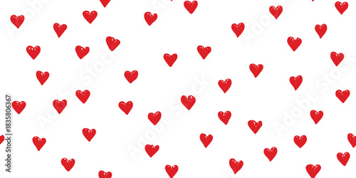 Cute seamless pattern of small, random red hearts with white polka dots on a clean white background for minimalist design and packaging.