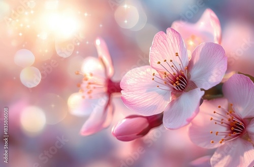 Close-up of delicate pink cherry blossom flowers with soft sunlight and bokeh background creating a serene and dreamy atmosphere