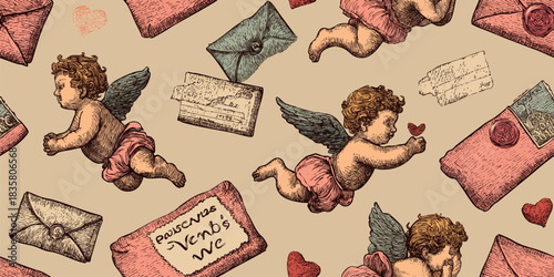 Quadro su tela Detailed vintage seamless pattern of flying cherubs, script, and antique love letters in warm sepia tones for romantic paper goods