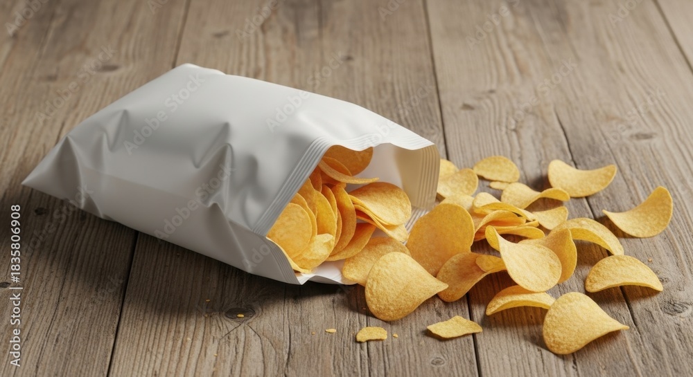 custom made wallpaper toronto digitalA bag of potato chips lies open on a wooden table with some chips spilling out.