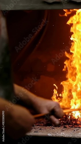 Vertical video: Blacksmith lifting tongs inserting rod into forge at smithy for forging, copy space